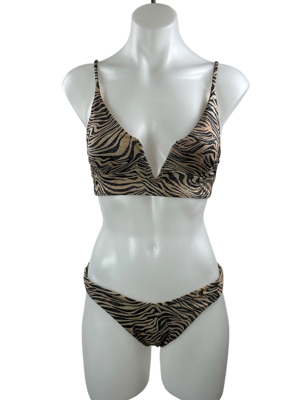 L Space Brown Tiger Print V-Wire Top & Cabana Bottom Bikini Swimwear Set Size M